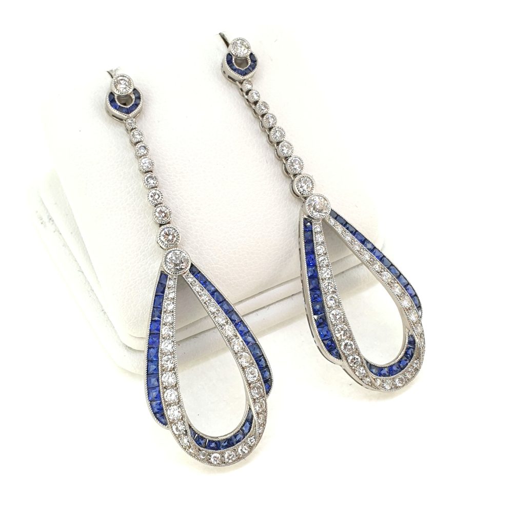 Contemporary Sapphire and Diamond Long Drop Earrings