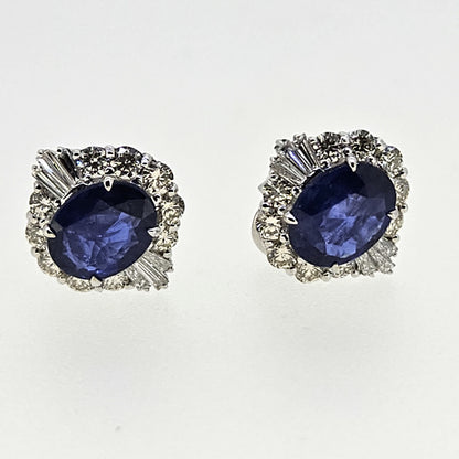 3.33ct Oval Blue Sapphire and Diamond Cluster Stud Earrings
