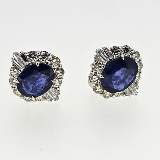 3.33ct Oval Blue Sapphire and Diamond Cluster Stud Earrings
