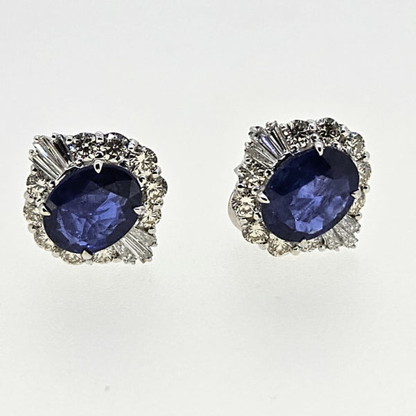 3.33ct Oval Blue Sapphire and Diamond Cluster Stud Earrings