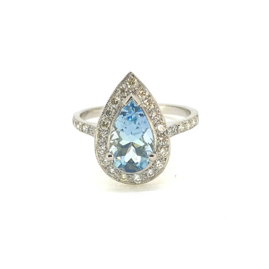 1.40ct Pear Cut Aquamarine and Diamond Cluster Ring
