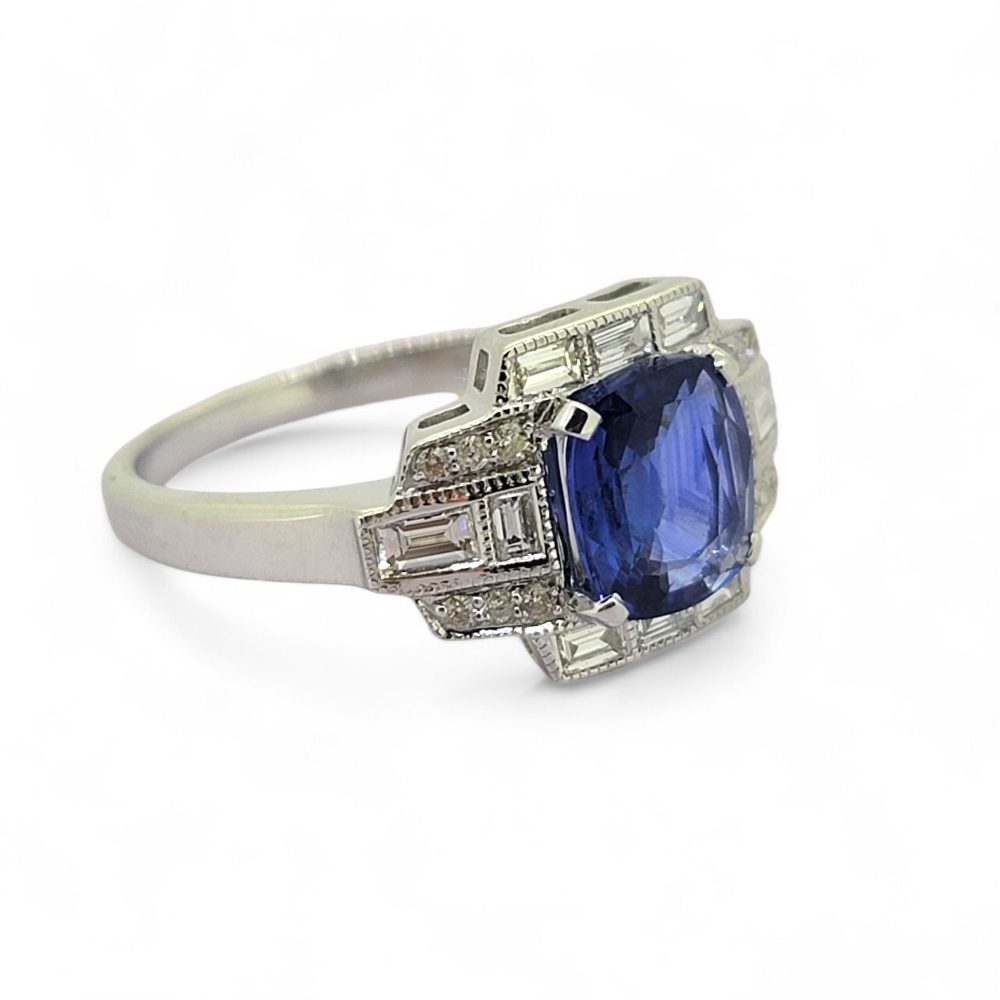Art Deco Style 1.58ct Sapphire and Diamond Cluster Engagement Ring in 18ct White Gold