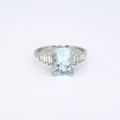 Art Deco Style 2.10 Cushion Cut Aquamarine and Baguette Diamond Ring in Platinum