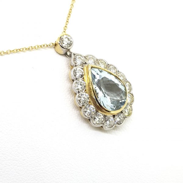3.25ct Pear Cut Aquamarine and Diamond Cluster Pendant