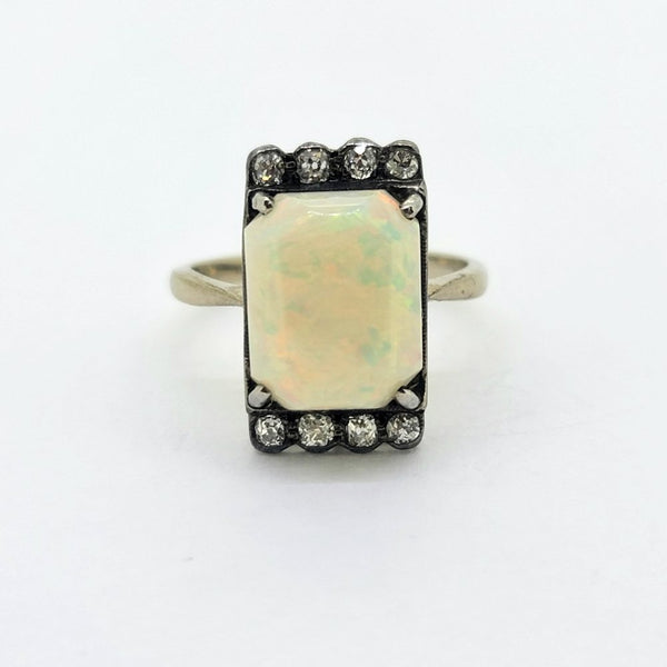 Art Deco Opal and Old Cut Diamond Plaque Tablet Ring, central cabochon opal edged with a top and bottom row of old-cut diamonds