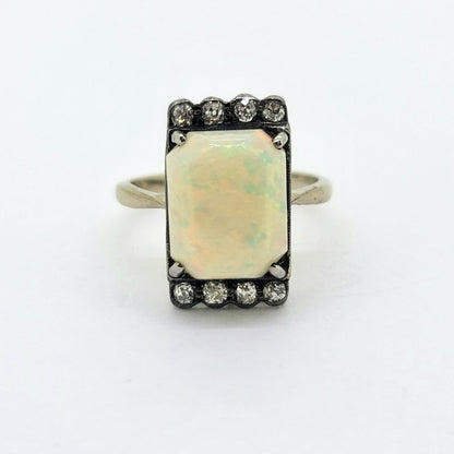 Art Deco Opal and Old Cut Diamond Plaque Ring