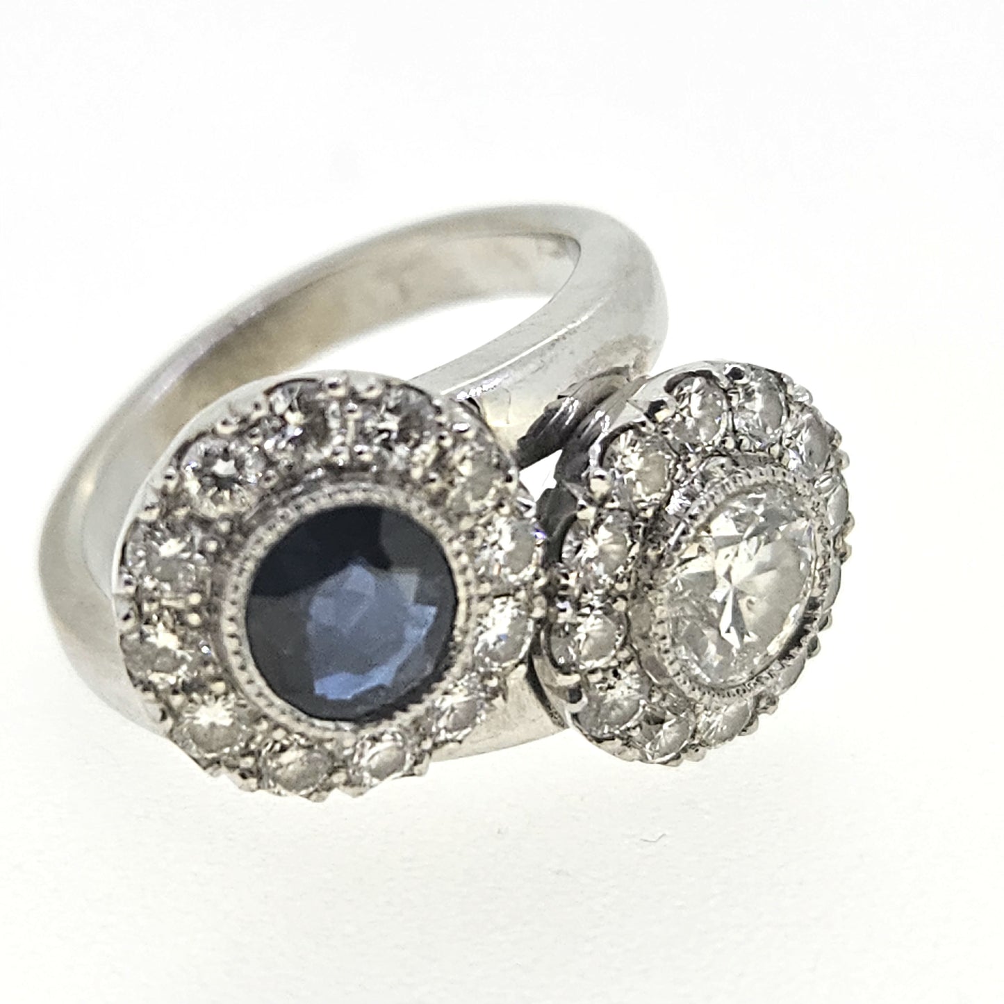 Vintage Sapphire and Old Cut Diamond Toi et Moi Cluster Crossover Ring in Platinum