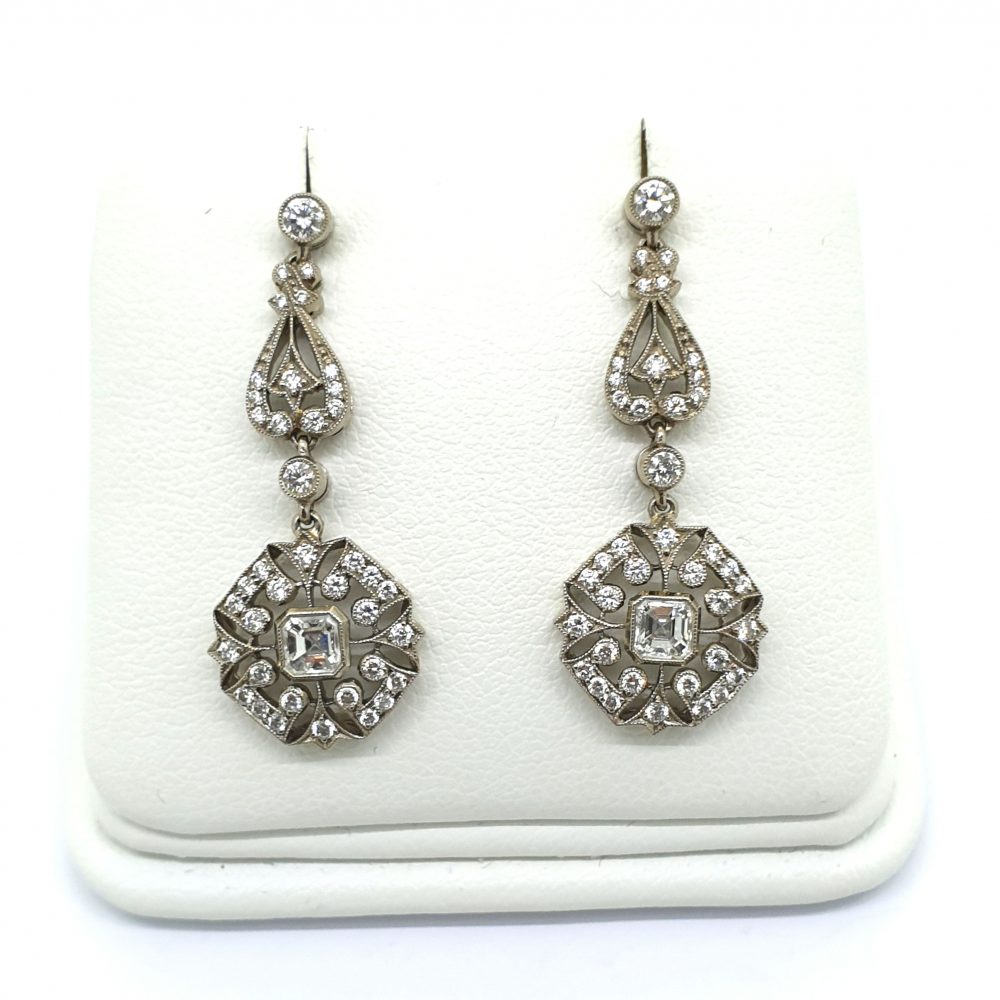 Art Deco Diamond Cluster Drop Earrings in Platinum