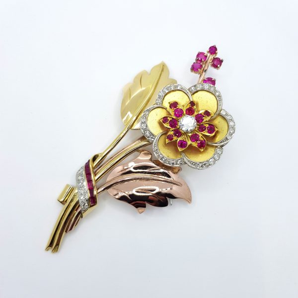 Vintage Ruby and Diamond Flower Spray Brooch