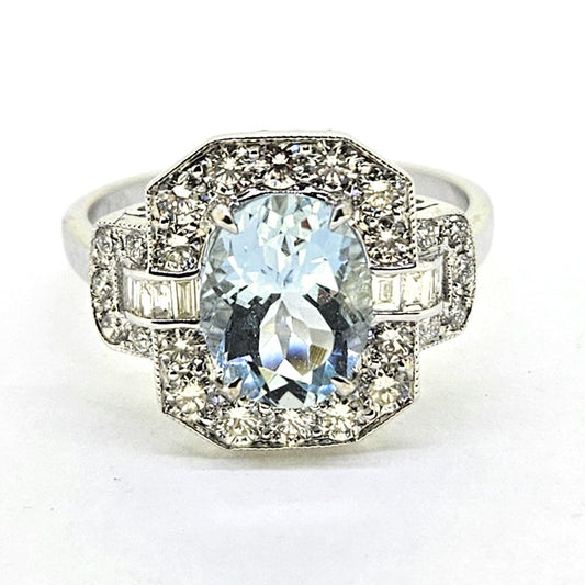 Aquamarine and Diamond Cluster Ring with Buckle Shoulders