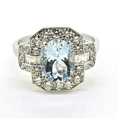 Aquamarine and Diamond Cluster Ring with Buckle Shoulders
