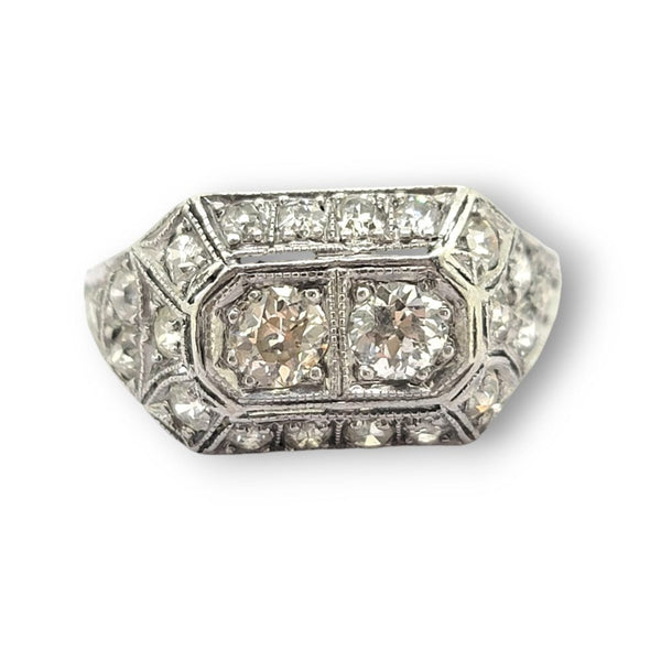 Art Deco Two Stone Cluster Diamond Ring in Platinum, two main diamonds set within a sparkling diamond frame in platinum