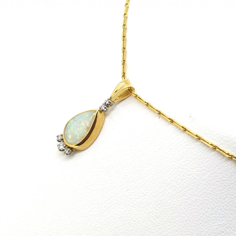 Vintage Pear Cut Opal and Diamond Pendant and Chain, Circa 1997