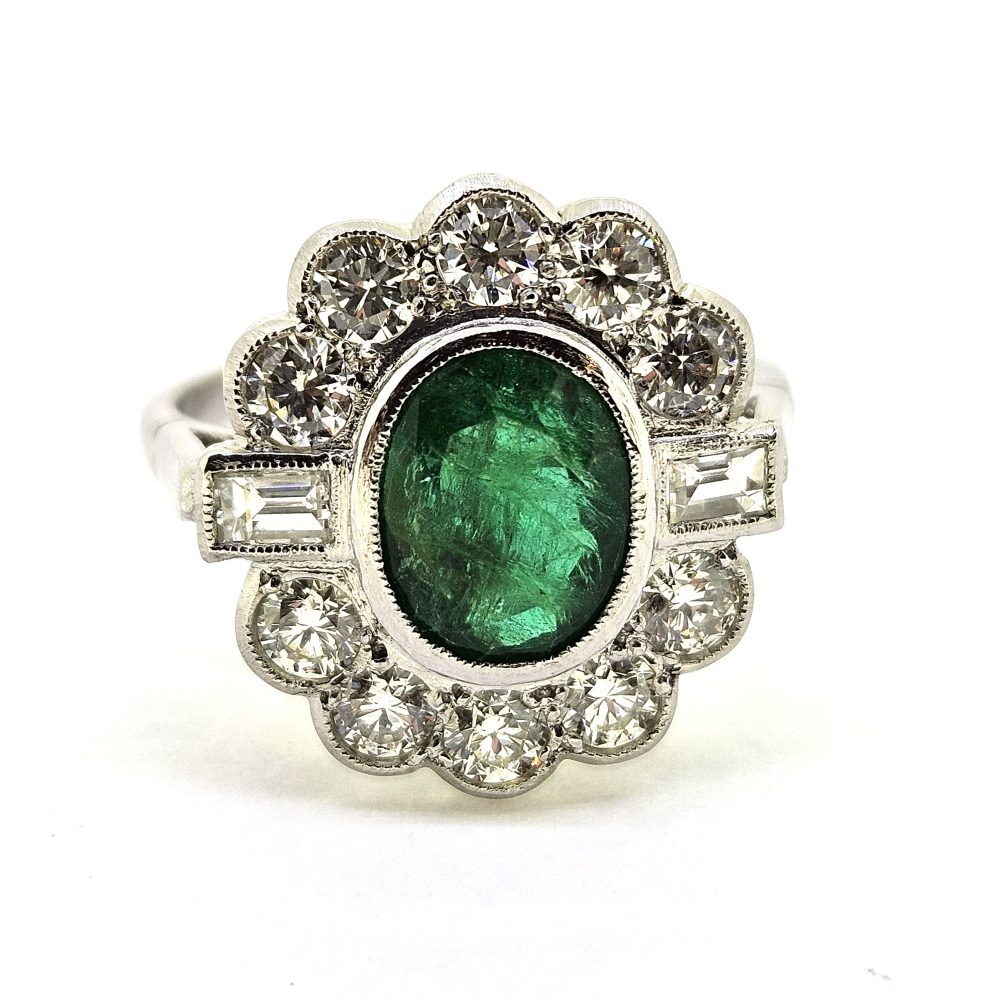 1.50ct Oval Emerald and Diamond Floral Cluster Ring in Platinum