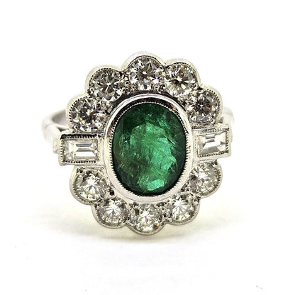1.50ct Oval Emerald and Diamond Floral Cluster Ring in Platinum