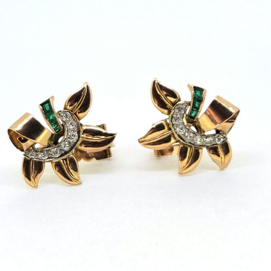 Emerald and Diamond Set Gold Earrings