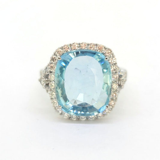 8ct Cushion Cut Aquamarine and Diamond Cluster Cocktail Dress Ring, large 8.08ct cushion-shaped aquamarine within halo of diamonds in 18ct white gold with tapered triangular diamond-set shoulders