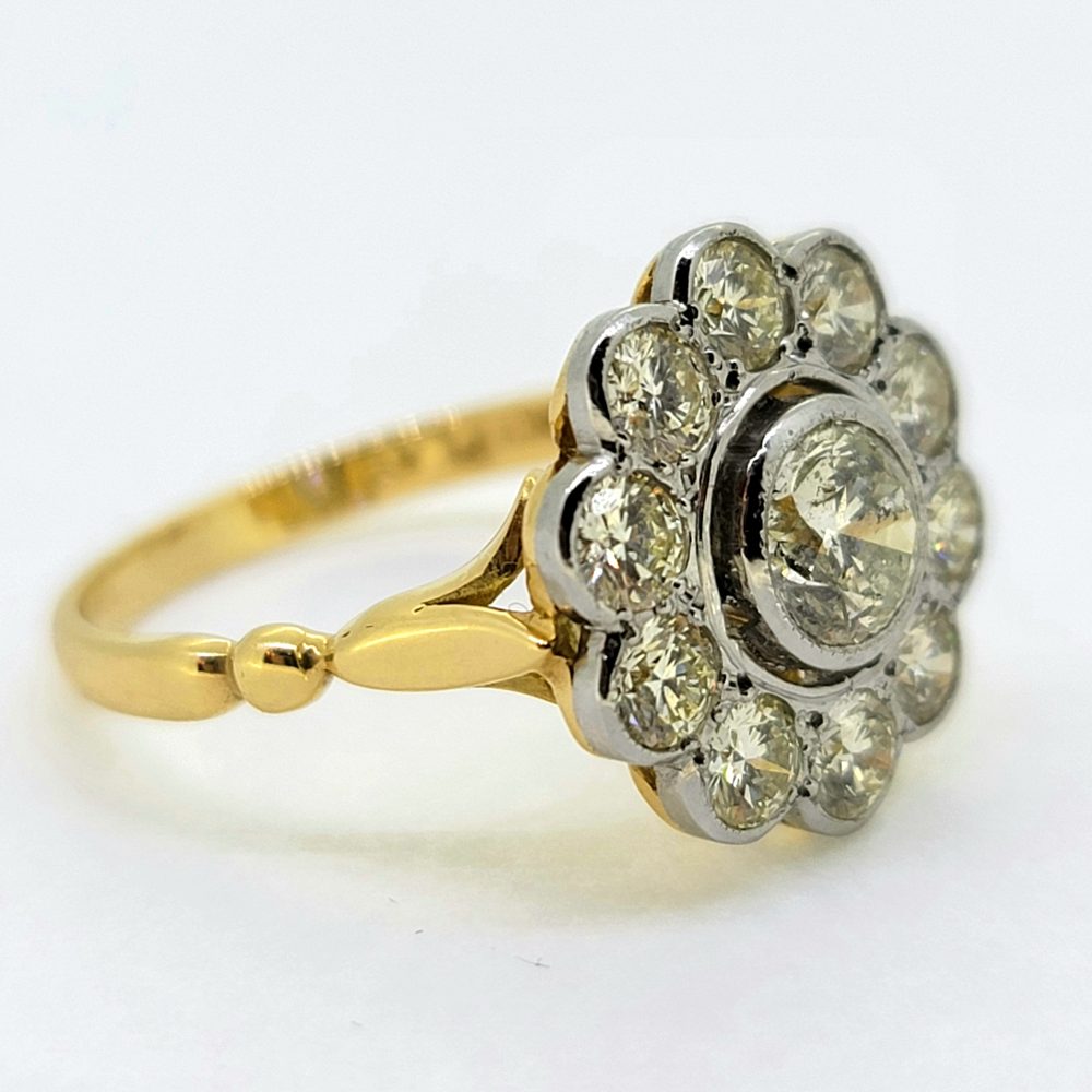 Vintage 1.75ct Diamond Daisy Cluster Engagement Ring in Platinum and 18ct Yellow Gold