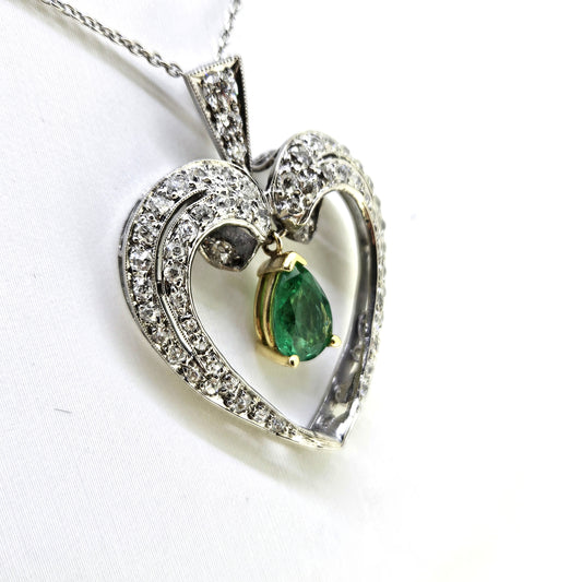 Pear Cut Emerald and Diamond Open Heart Cluster Pendant in Platinum