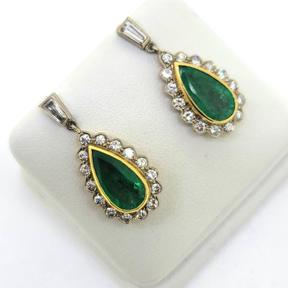 Vintage 2.50ct Pear Emerald and Diamond Cluster Drop Earrings