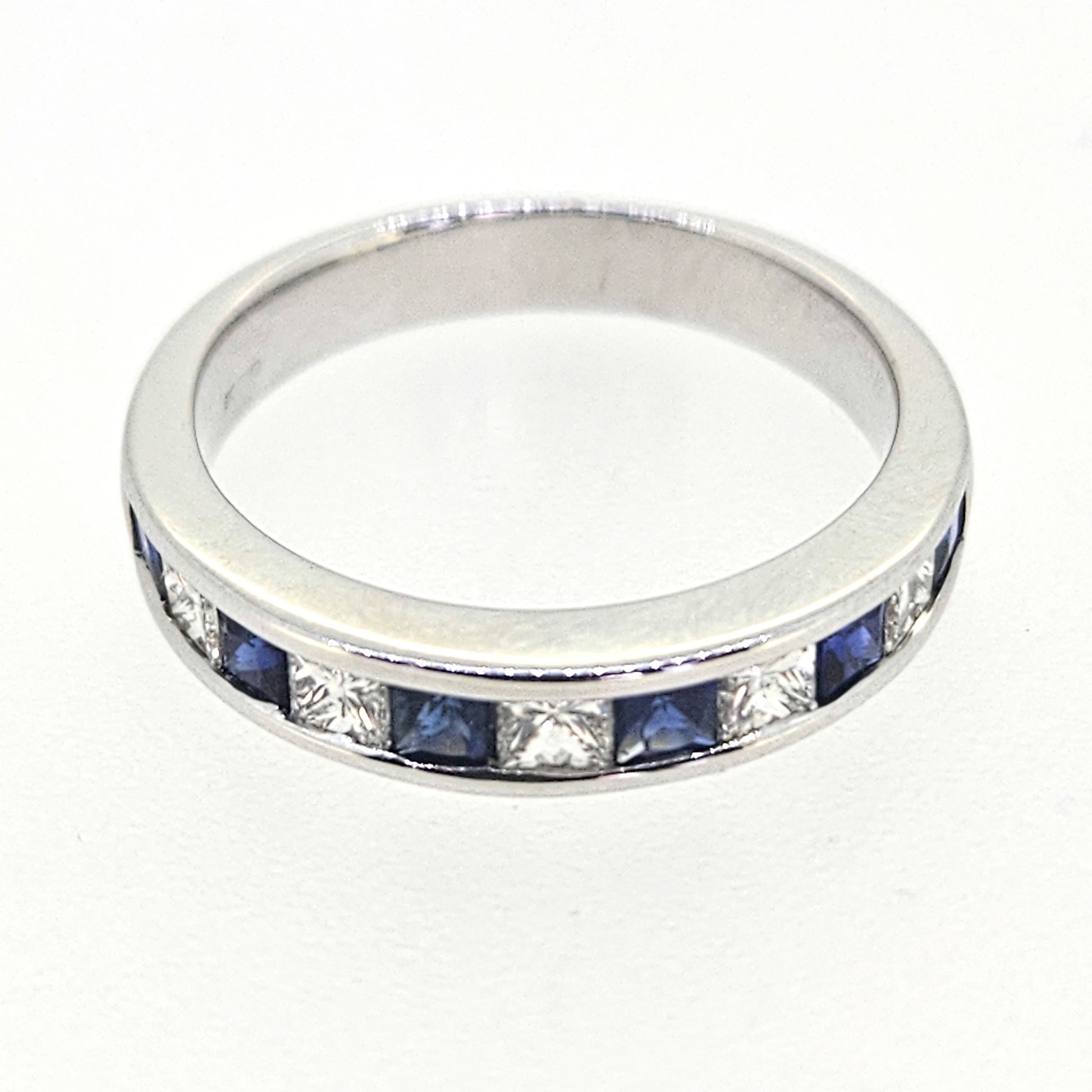 Square Princess Cut Sapphire and Diamond Half Eternity Band Ring in 18ct White Gold