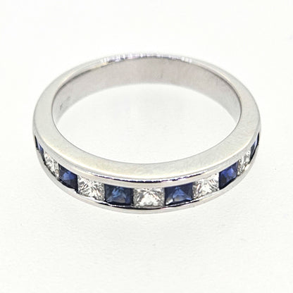 Square Princess Cut Sapphire and Diamond Half Eternity Band Ring in 18ct White Gold