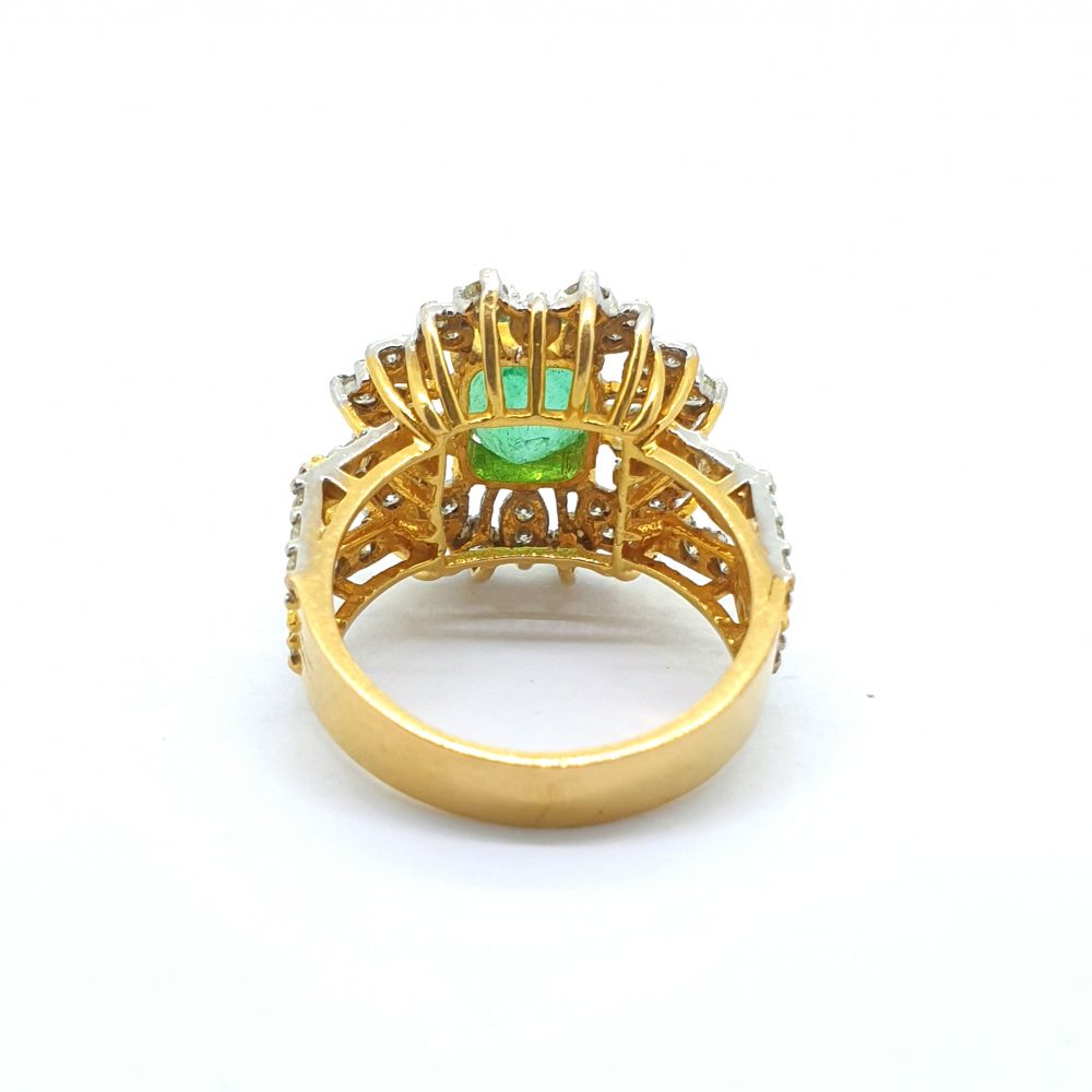 Emerald and Diamond Sunburst Cluster Dress Ring in 21ct Yellow Gold