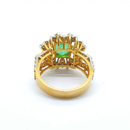 Emerald and Diamond Sunburst Cluster Dress Ring in 21ct Yellow Gold