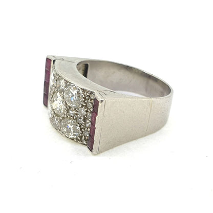 Vintage 1940s Retro 1.80ct Diamond and Ruby Tank Ring in Platinum