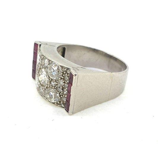 Vintage 1940s Retro 1.80ct Diamond and Ruby Tank Ring in Platinum