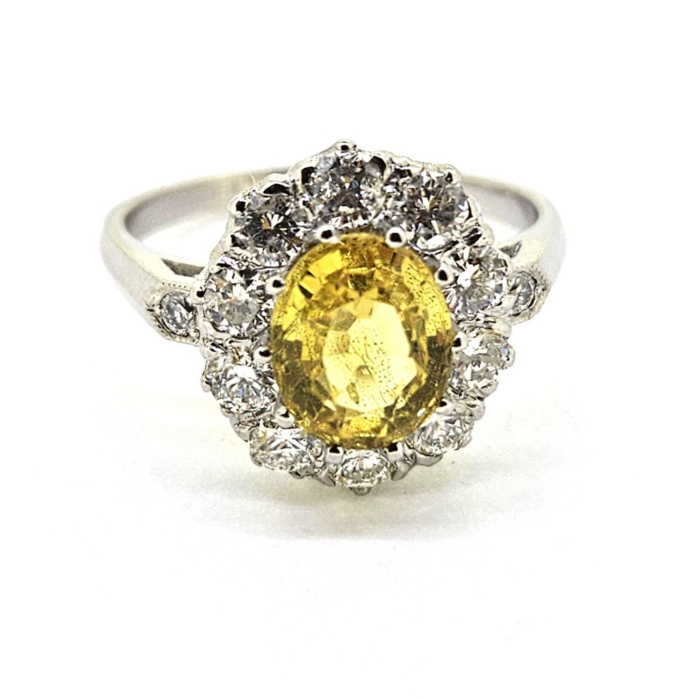 2ct Yellow Sapphire and Diamond Cluster Engagement Ring in Platinum