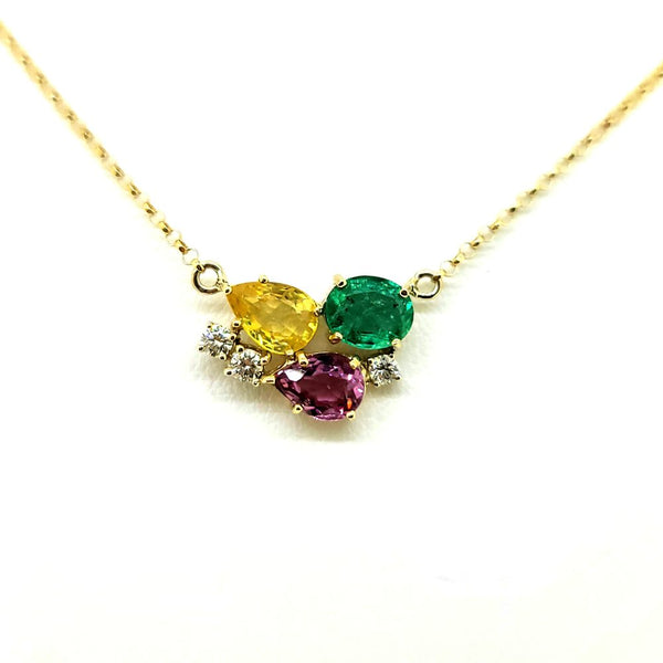 Multi Gemstone and Diamond Pendant with Chain, pear cut 0.77ct yellow sapphire and 0.50ct pink tourmaline with 0.64ct oval-cut emerald with brilliant-cut diamond accents in 18ct yellow gold on fixed yellow gold trace chain