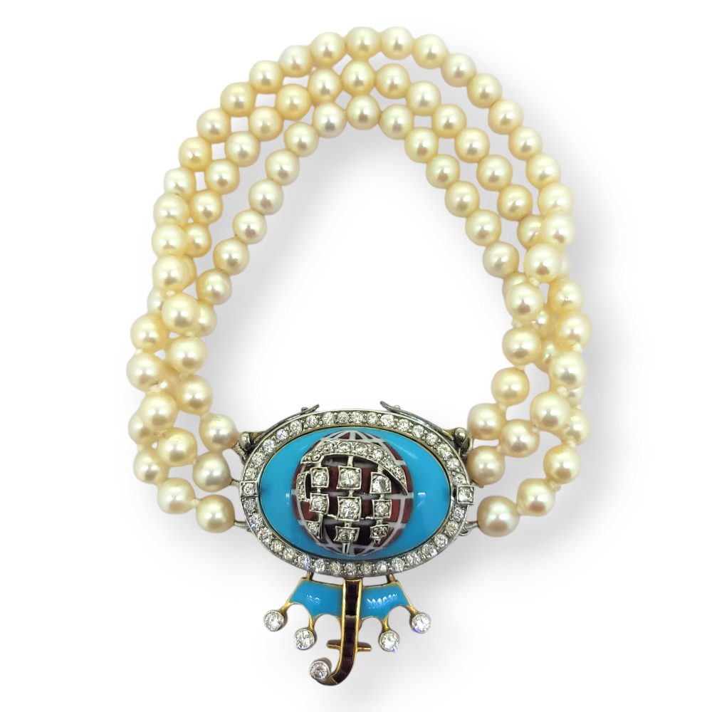 Akoya Pearl Bracelet with Blue Enamel Ruby and Diamond Clasp