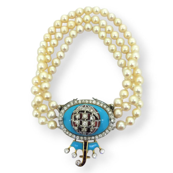 Akoya Pearl Bracelet with Blue Enamel Ruby and Diamond Clasp