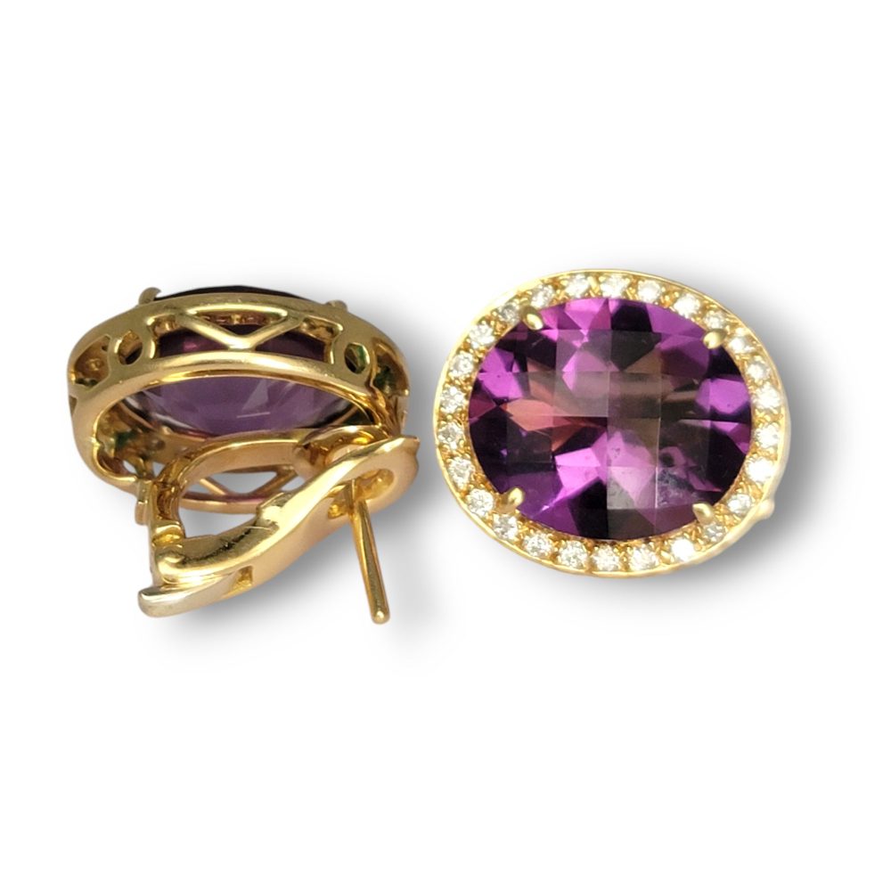 Amethyst and Diamond Halo Cluster Stud Earrings, oval purple amethysts surrounded by halos of sparkling diamonds in 18ct yellow gold