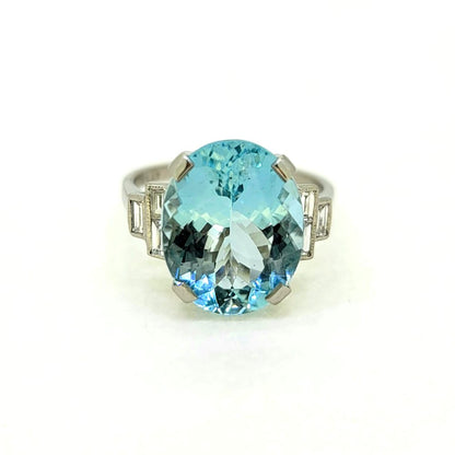 7ct Oval Aquamarine Solitaire Ring with Baguette Diamond Shoulders in Platinum