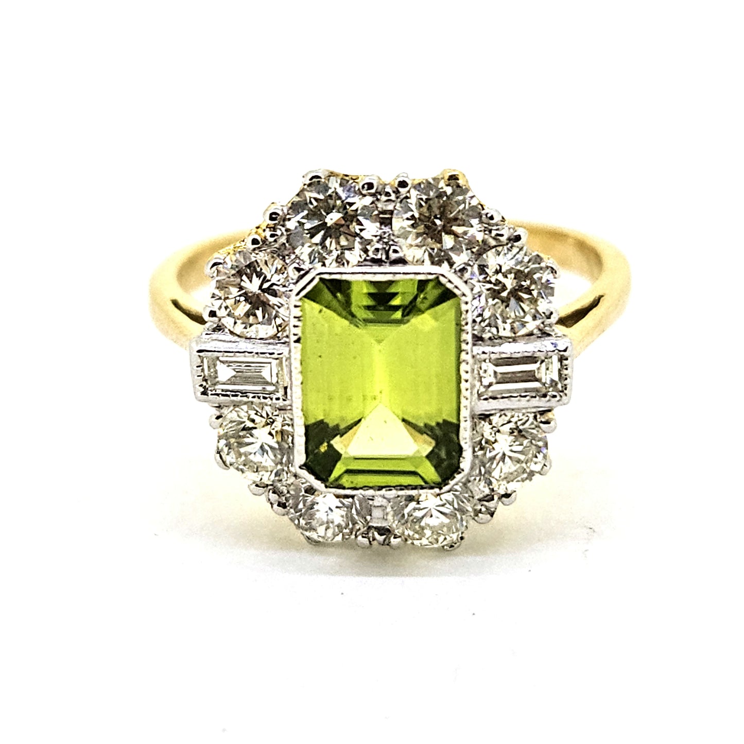 1.40ct Emerald Cut Peridot and Diamond Cluster Ring
