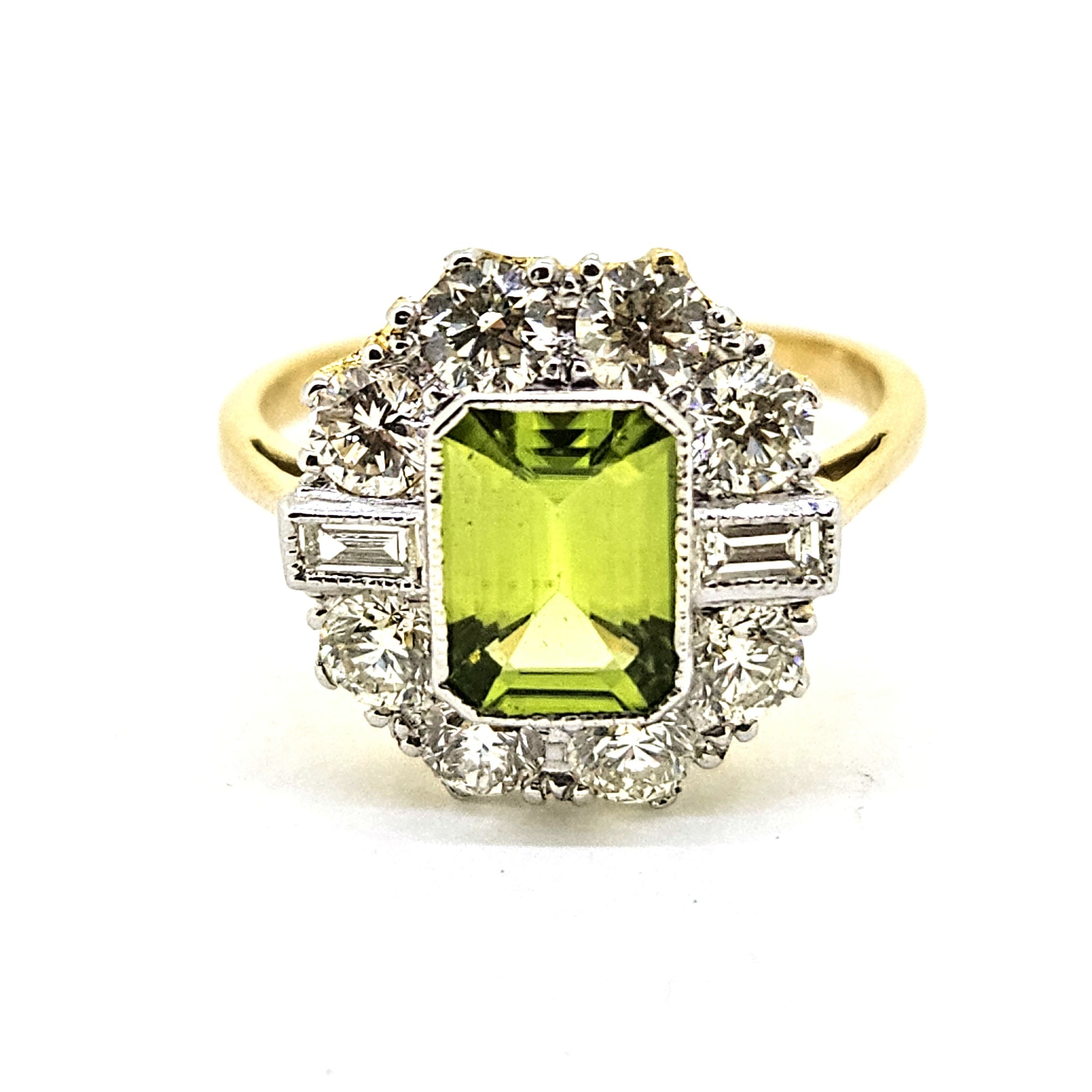 1.40ct Emerald Cut Peridot and Diamond Cluster Ring