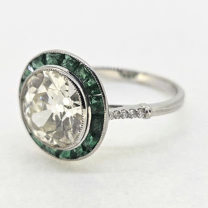 3.30ct Old Cut Diamond and Emerald Halo Cluster Engagement Ring