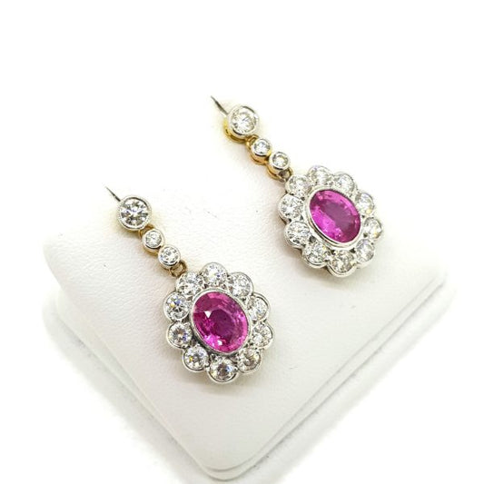 Pink Sapphire and Diamond Cluster Drop Earrings, 2.70 carats