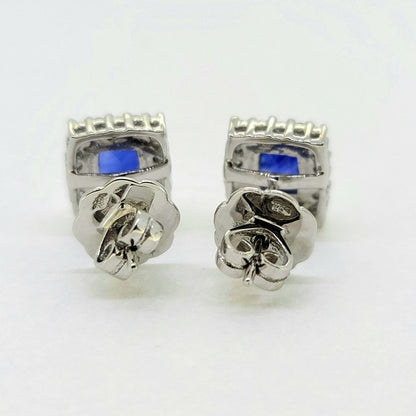 Modern 1.35ct Sapphire and Diamond Rectangular Cluster Stud Earrings in 18ct white gold
