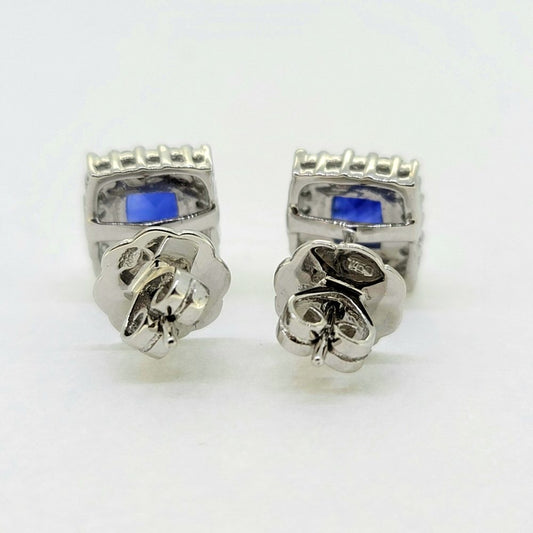 Modern 1.35ct Sapphire and Diamond Rectangular Cluster Stud Earrings in 18ct white gold