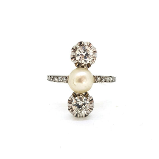 Art Deco Natural Pearl and Diamond Three Stone Ring in Platinum