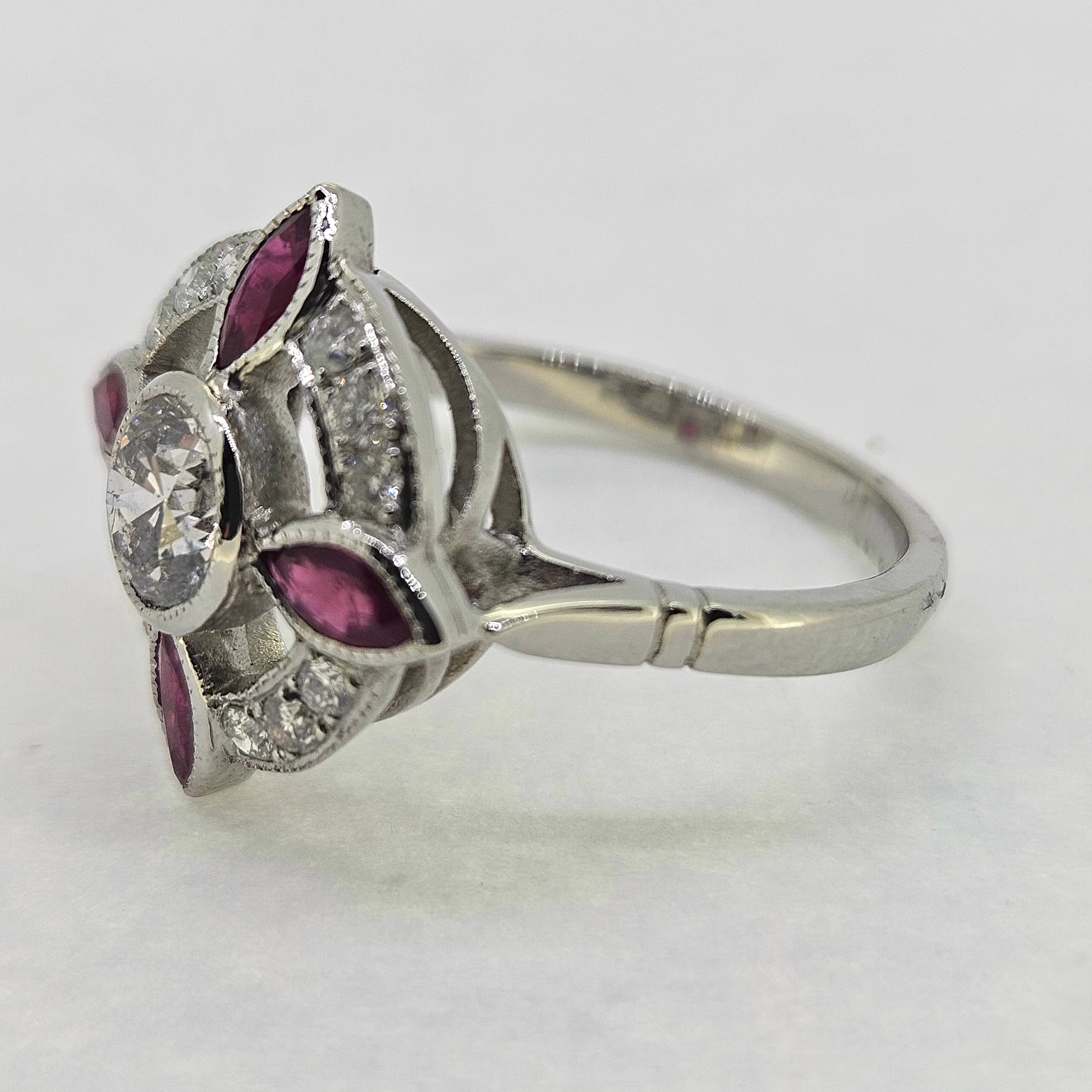 Ruby and Diamond Cluster Halo Dress Ring, Platinum Open Work