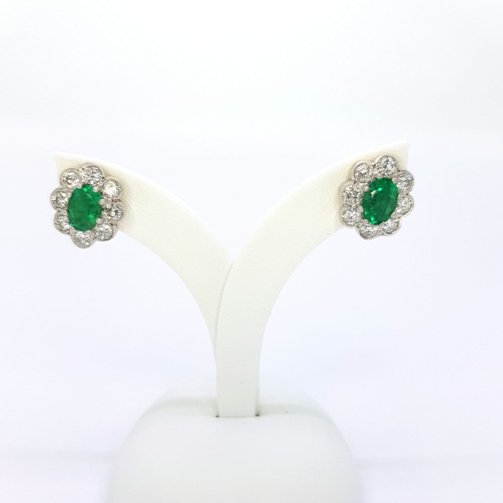 1.50ct Emerald and Diamond Oval Cluster Stud Earrings