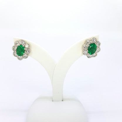 1.50ct Emerald and Diamond Oval Cluster Stud Earrings