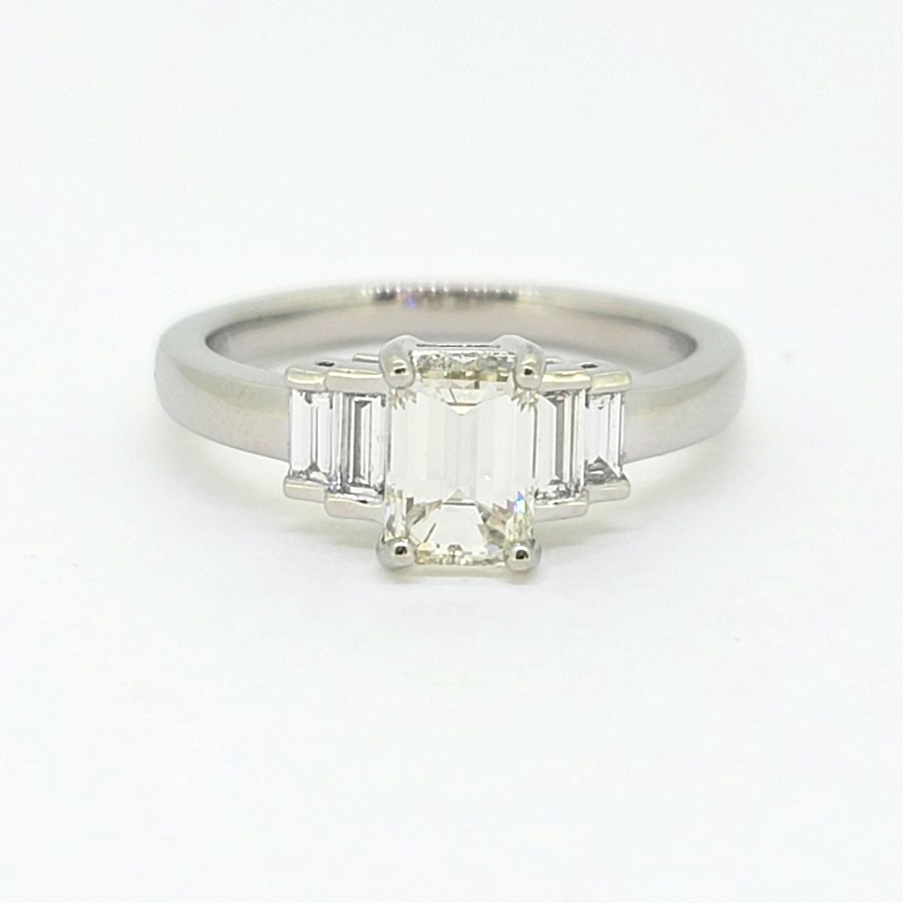 1.21ct Emerald Cut Diamond Engagement Ring with Baguette Sides in Platinum