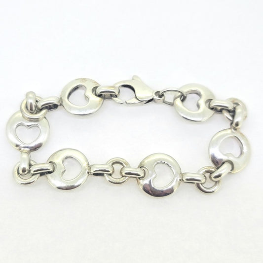 Rare Vintage Tiffany and Co Stencil Heart Silver Bracelet, open heart 925 silver bracelet composed of stencil heart links by Tiffany & Co