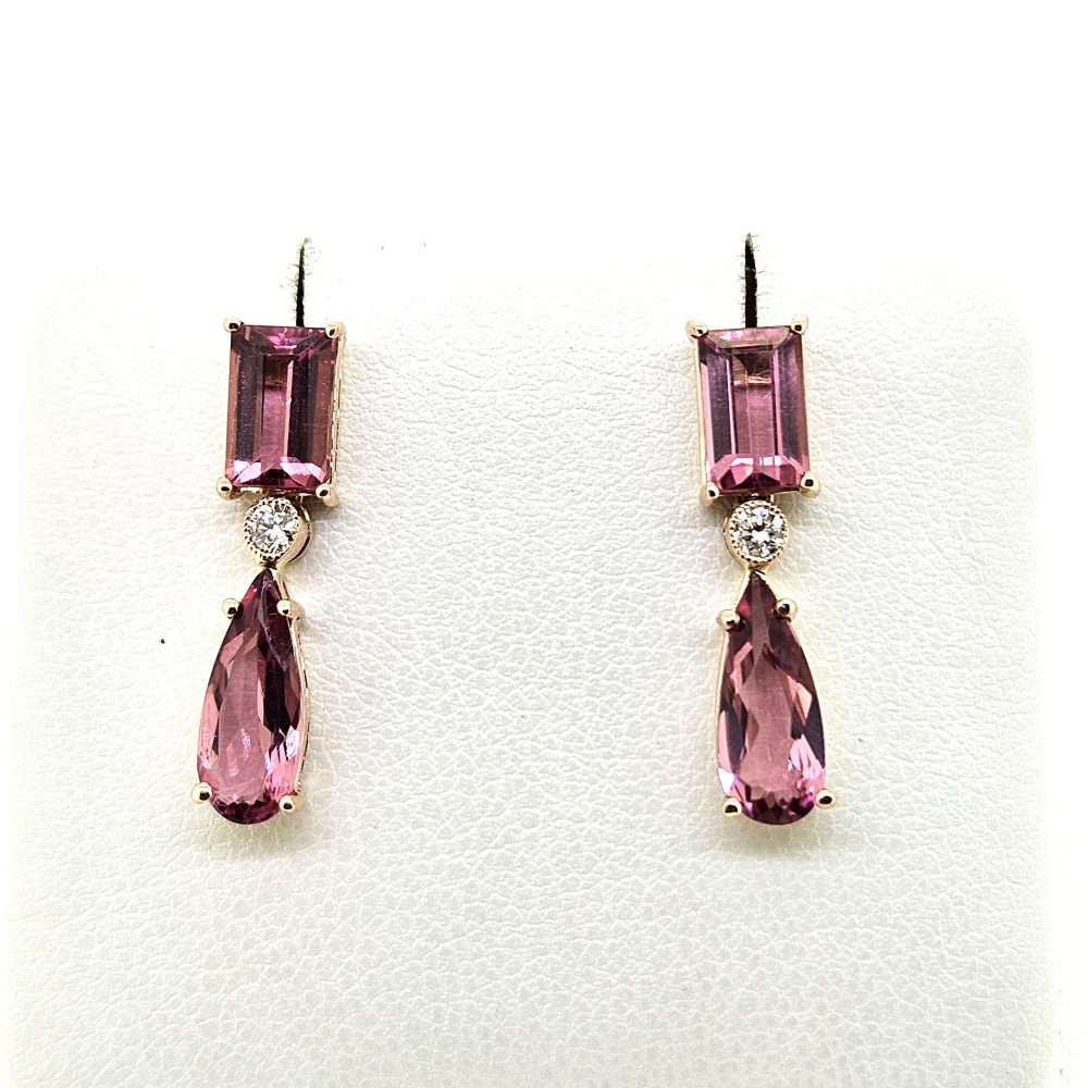 Pink Tourmaline and Diamond Drop Earrings in Rose Gold