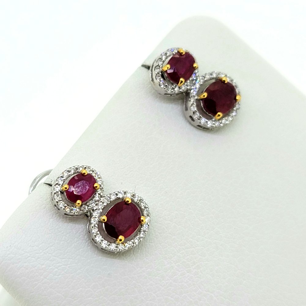 1ct Ruby and Diamond Double Cluster Drop Stud Earrings in 18ct white gold